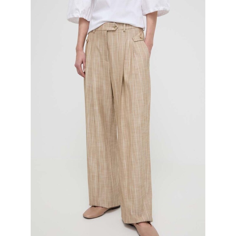 Kalhoty BOSS dámské, béžová barva, široké, high waist