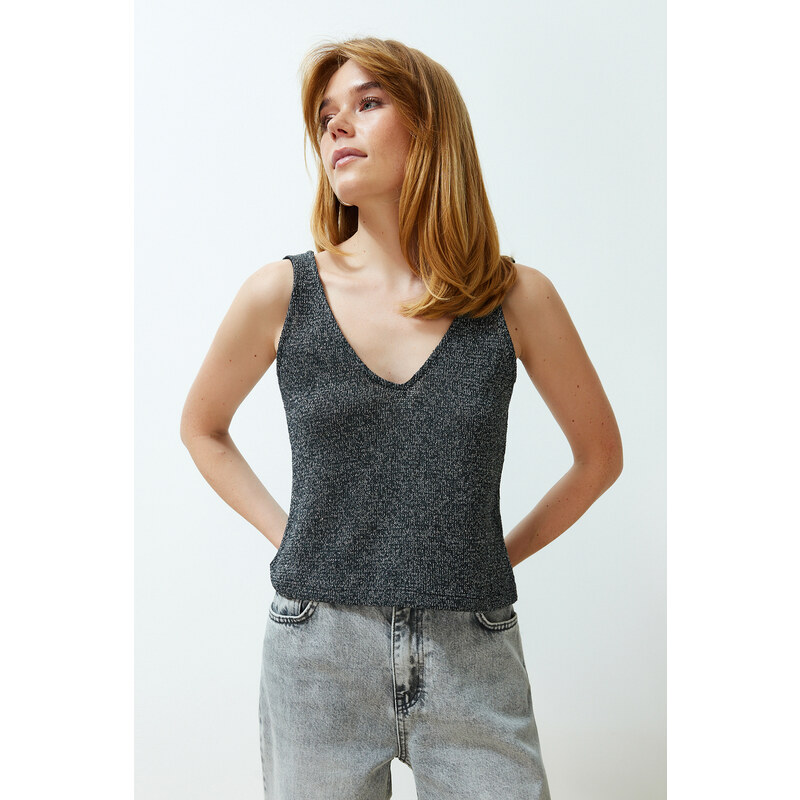 Trendyol Gray Thin Basic V-Neck Knitwear Blouse