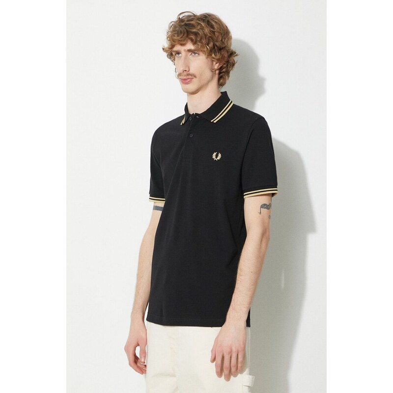 Bavlněné polo tričko Fred Perry Twin Tipped Shirt černá barva, s aplikací, M12.157