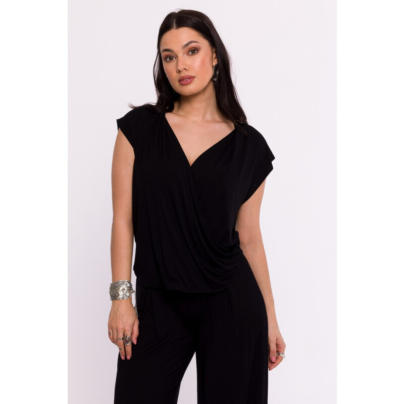 model 19670599 Viskózový zavinovací top s výstřihem do V černý -