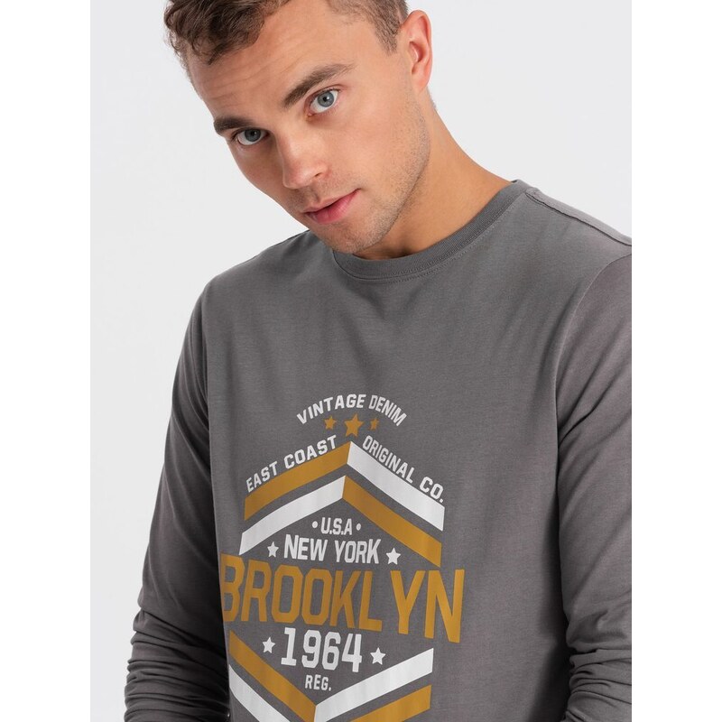 Ombre Clothing Šedé tričko s nápisem Brooklyn V1 LSPT-0117