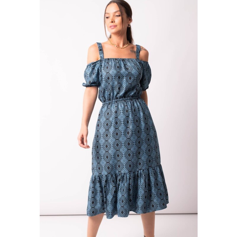armonika Women's Blue Patterned Strapless Dress with Elastic Waist