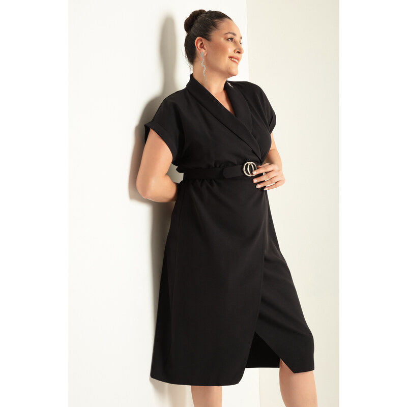Lafaba Women's Black Double Breasted Neck Belted Plus Size Midi Dress