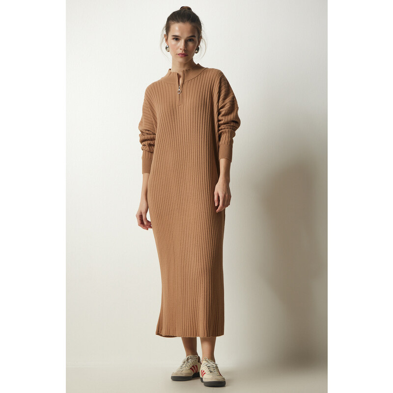 Happiness İstanbul Women's Biscuit Ribbed Oversize Knitwear Dress