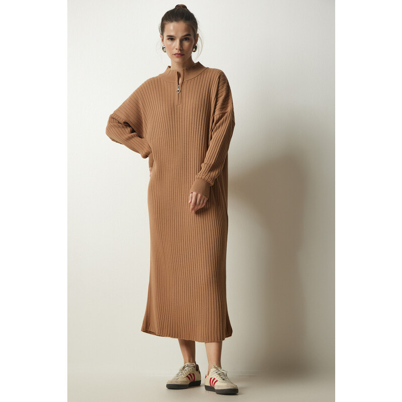 Happiness İstanbul Women's Biscuit Ribbed Oversize Knitwear Dress