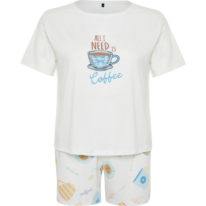 Trendyol Curve Ecru Printed Knitted Pajamas Set