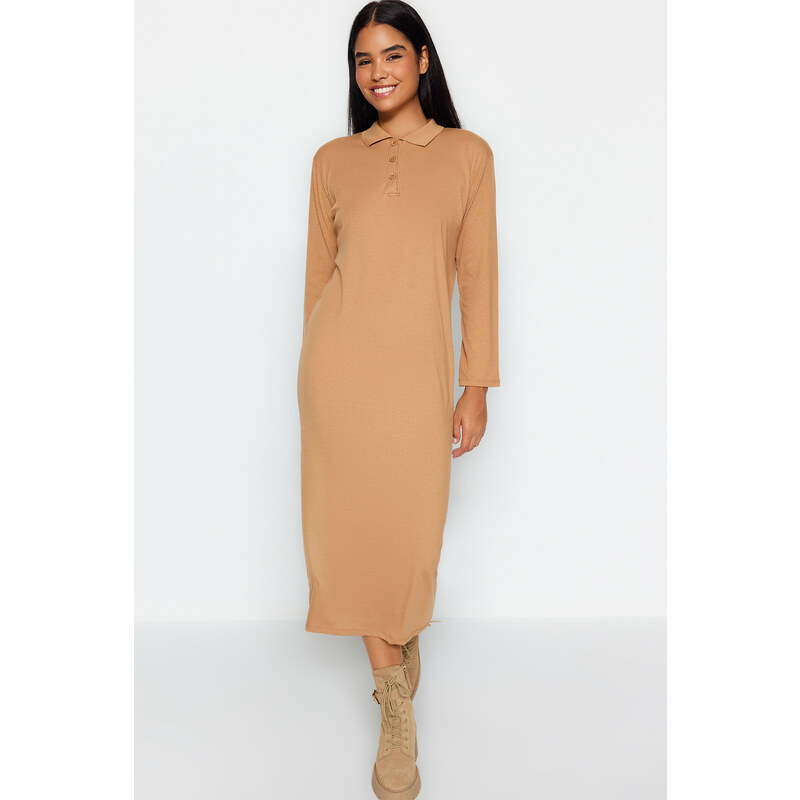 Trendyol Brown Polo Neck Ribbed Knitted Dress