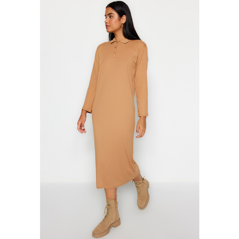 Trendyol Brown Polo Neck Ribbed Knitted Dress