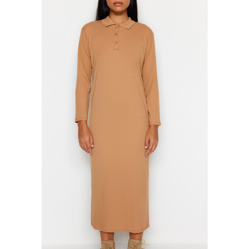 Trendyol Brown Polo Neck Ribbed Knitted Dress