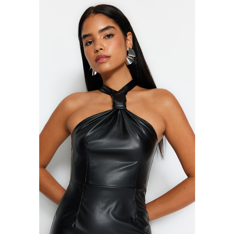 Trendyol Black Fitted Midi Faux Leather Woven Dress