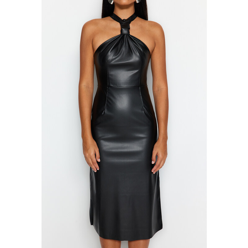 Trendyol Black Fitted Midi Faux Leather Woven Dress