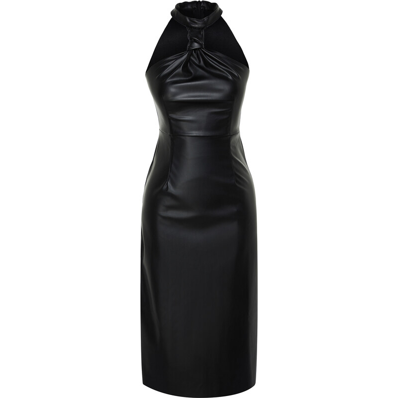 Trendyol Black Fitted Midi Faux Leather Woven Dress