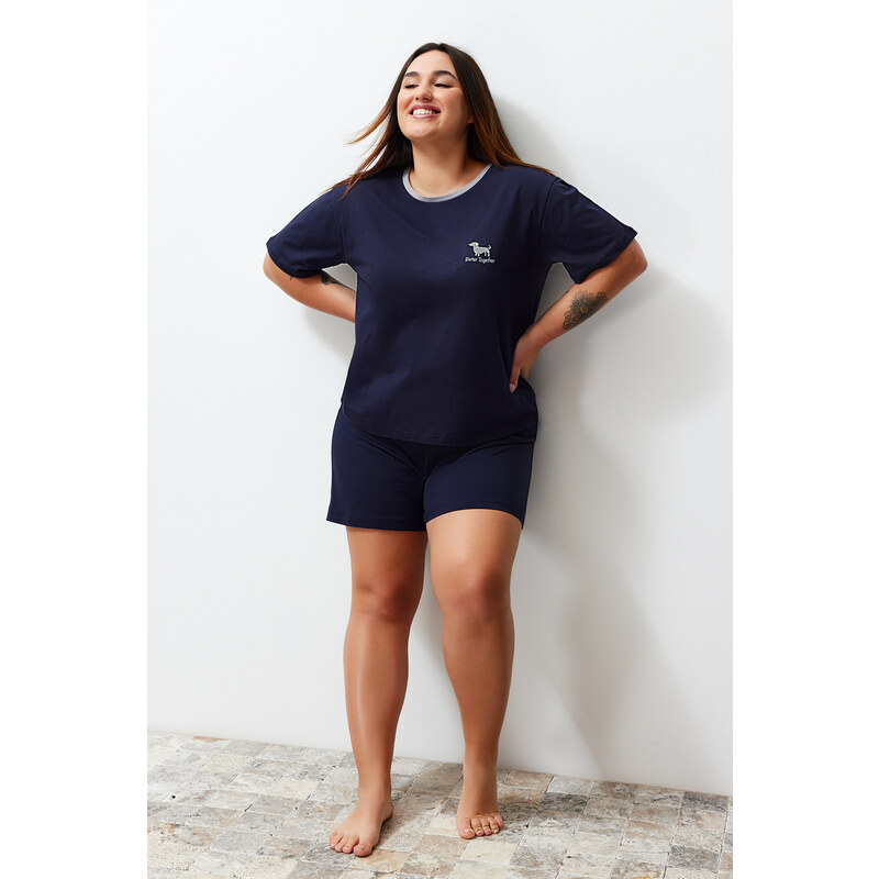 Trendyol Curve Navy Blue Embroidery Detailed Knitted Couple Pajamas Set