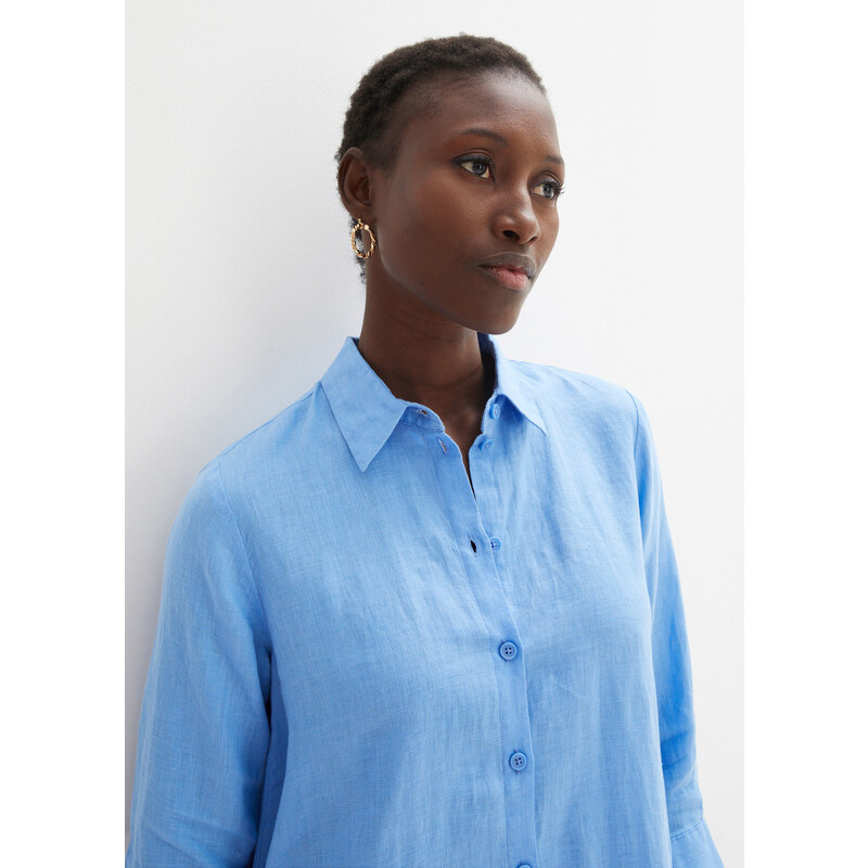bonprix Košilové šaty ze lnu s ažurovou výšivkou Modrá