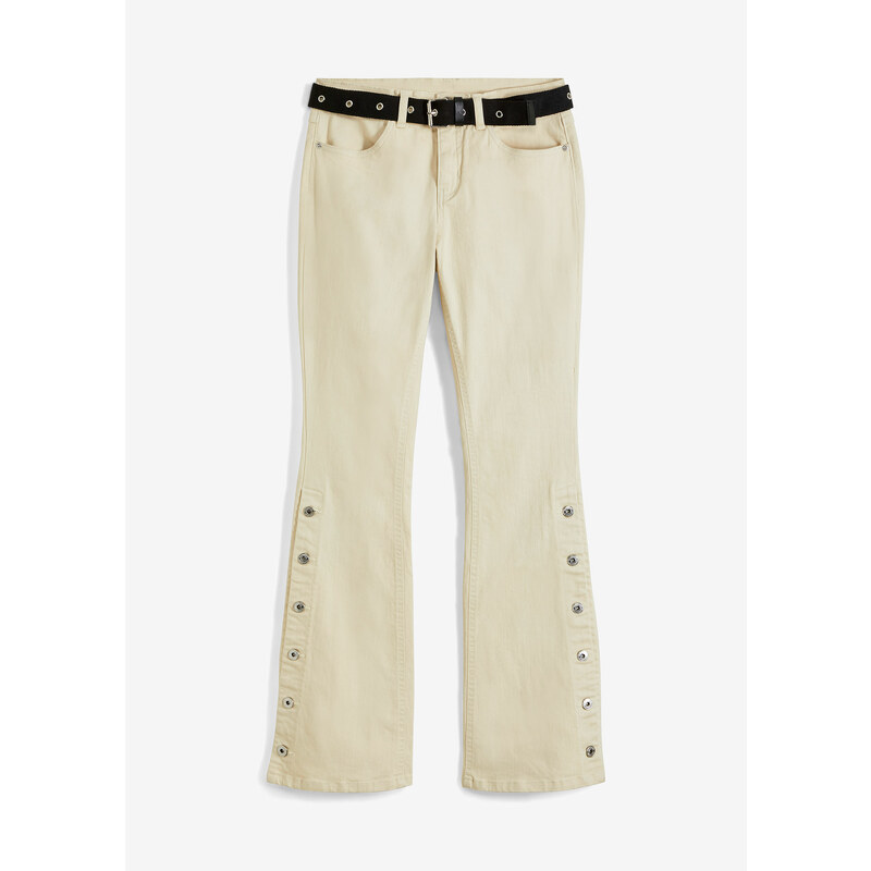 bonprix Keprové kalhoty s páskem a postranními knoflíky (2dílná souprava) Bílá