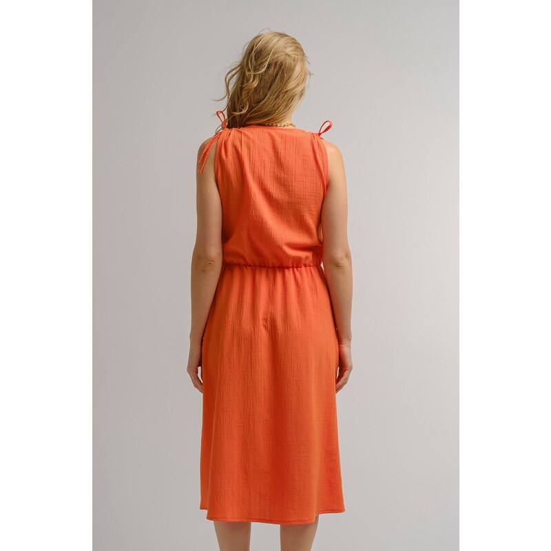 armonika Women's Orange Tie Shoulder V-Neck Elastic Waist Short Sleeveless Dress