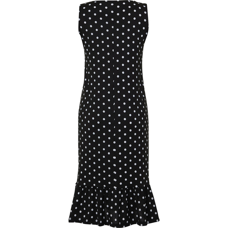 Trendyol Black Polka Dot Skirt Ruffled Ribbed Stretchy Knitted Midi Dress