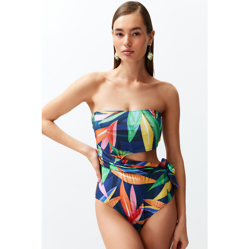 Trendyol Floral Patterned Strapless Cut Out/Windowed Regular Swimsuit