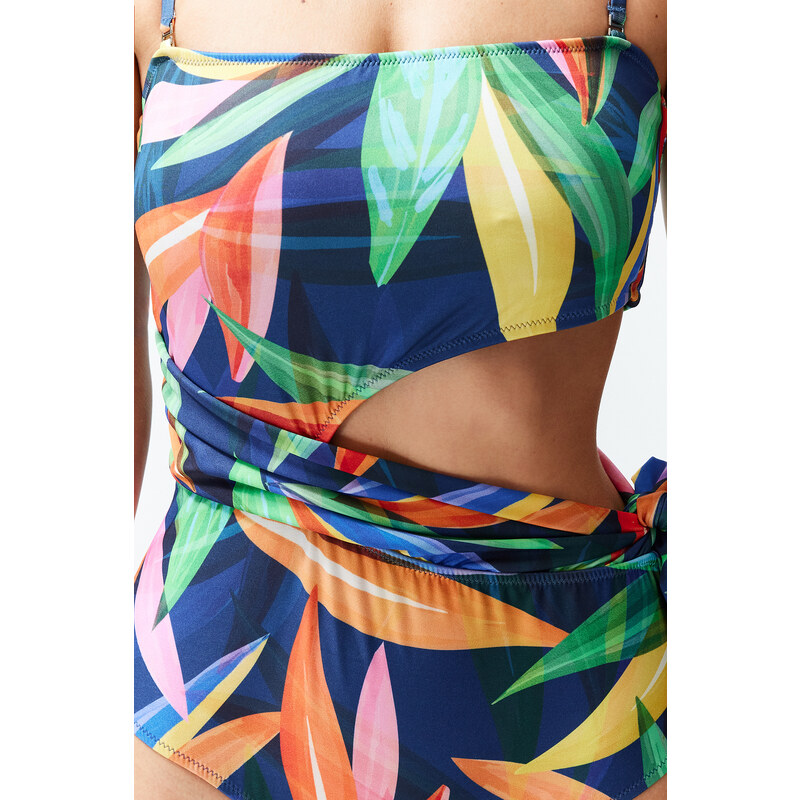 Trendyol Floral Patterned Strapless Cut Out/Windowed Regular Swimsuit