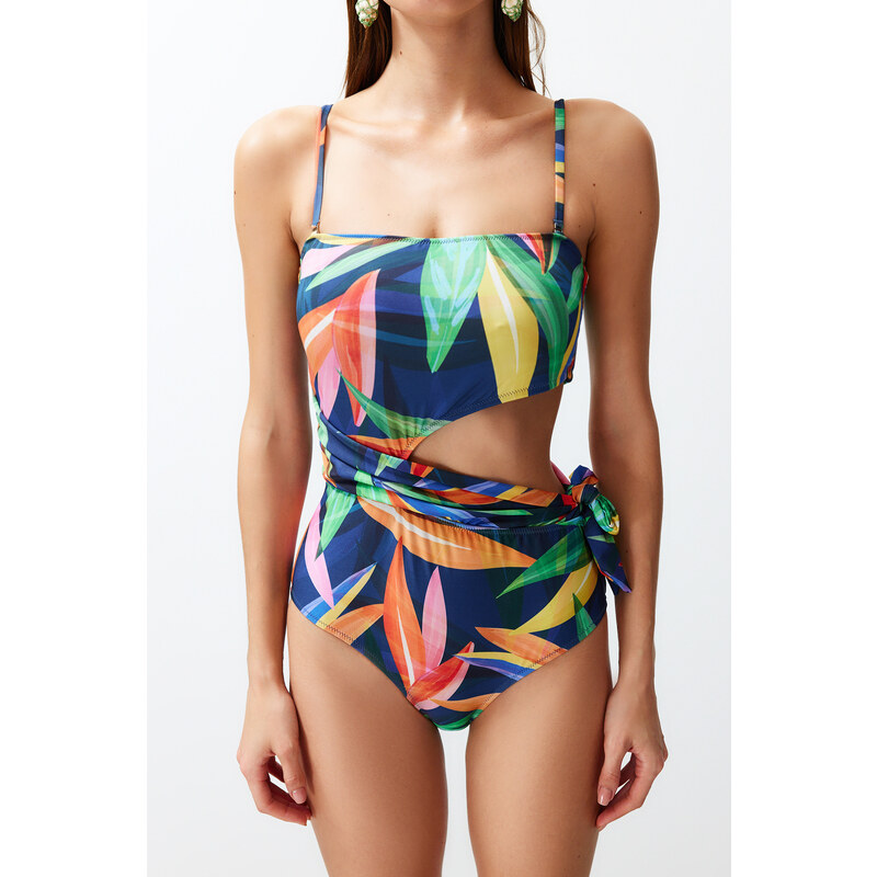 Trendyol Floral Patterned Strapless Cut Out/Windowed Regular Swimsuit