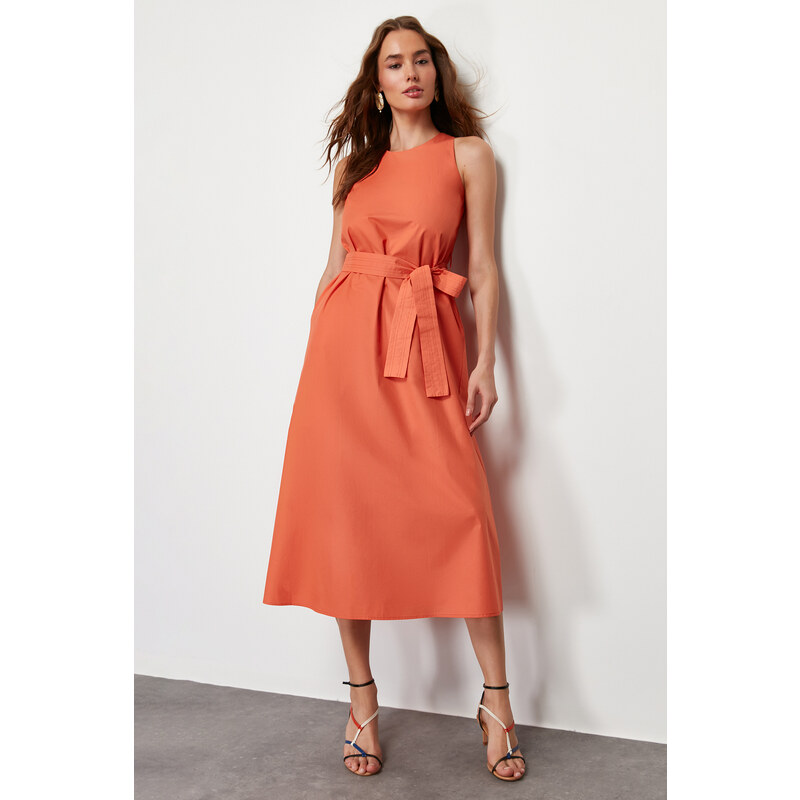 Trendyol Orange Belted 100% Cotton Poplin Pocket Midi Woven