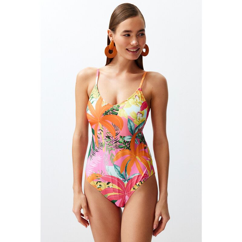 Trendyol Tropical Patterned V-Neck Low-Cut Back Regular Swimsuit