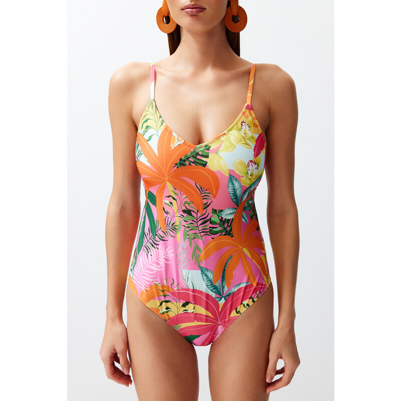 Trendyol Tropical Patterned V-Neck Low-Cut Back Regular Swimsuit