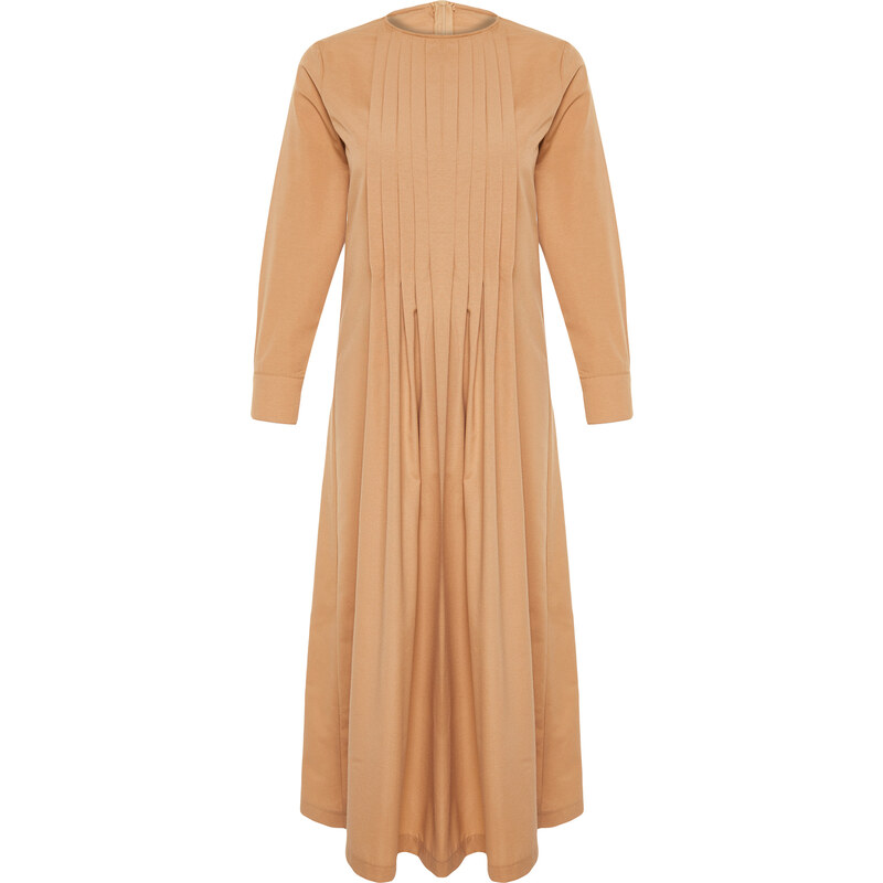 Trendyol Beige Pleated Detailed Comfort Woven Dress