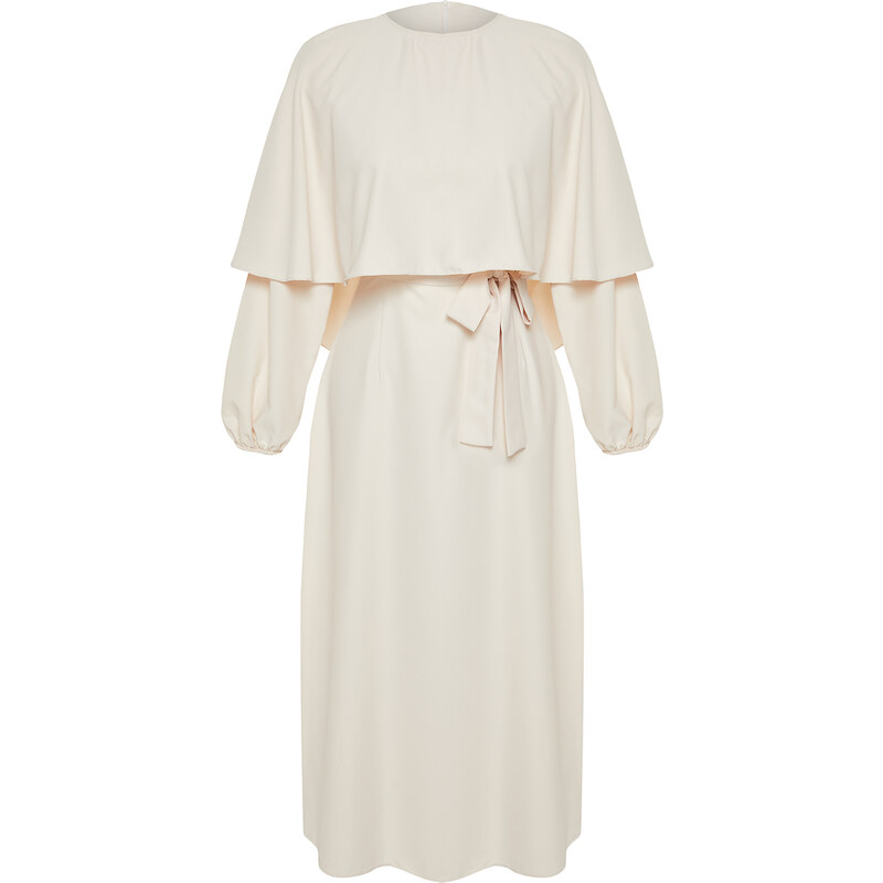 Trendyol Beige Cloak and Tie Detailed Satin Woven Dress