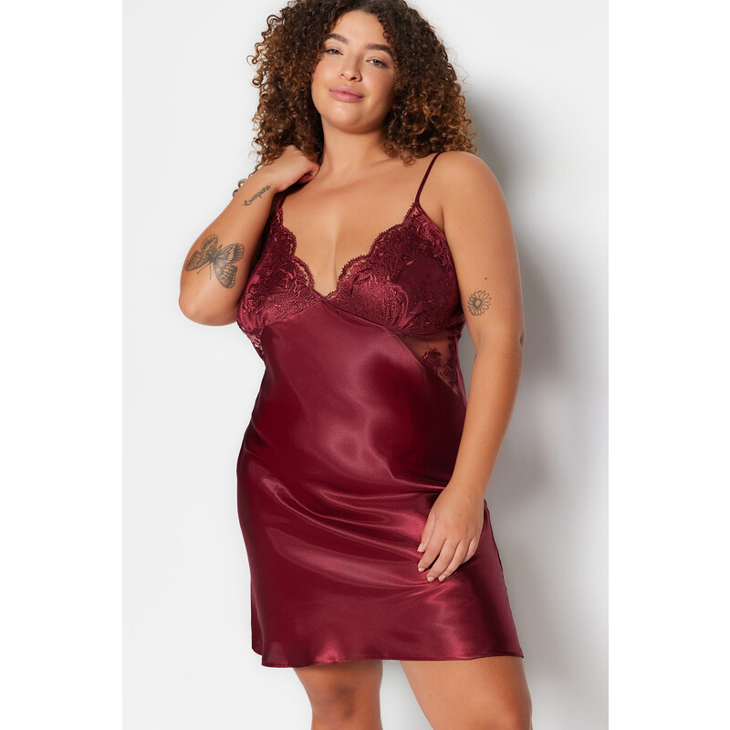 Trendyol Curve Burgundy Satin Woven Lace Nightgown