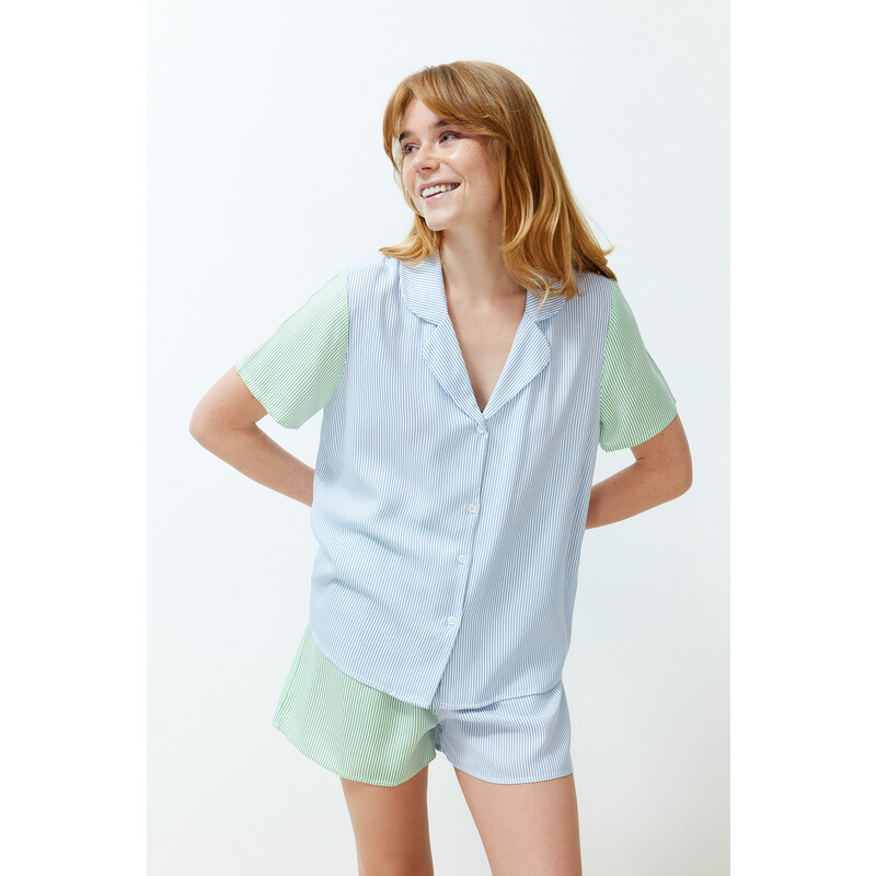 Trendyol Blue-Green 2-Color Striped Viscose Woven Pajamas Set