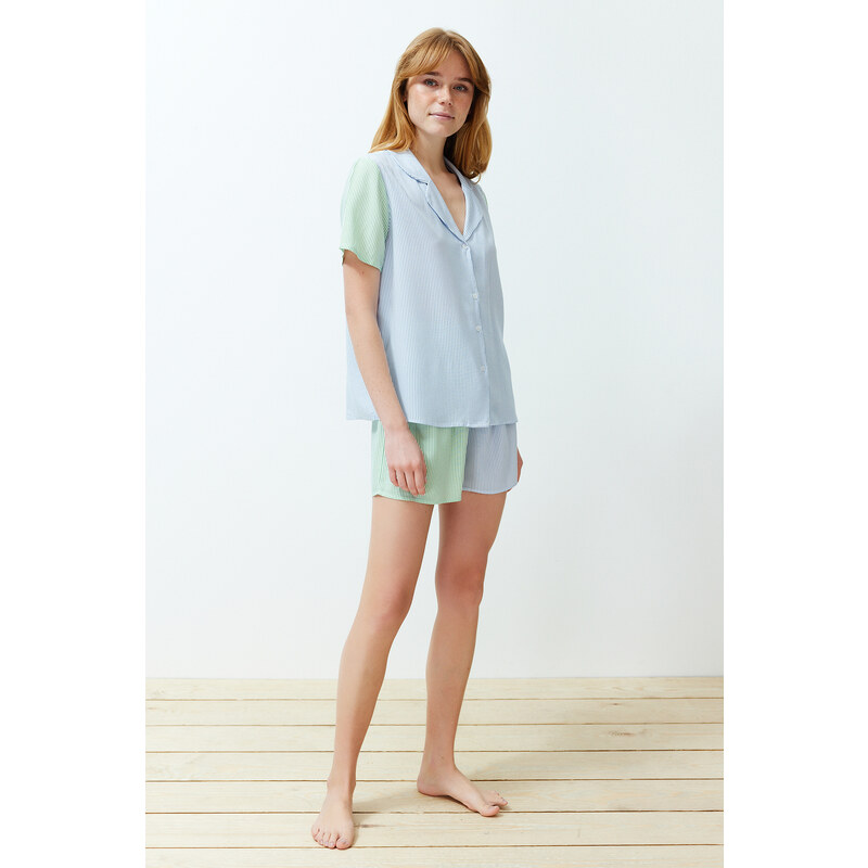 Trendyol Blue-Green 2-Color Striped Viscose Woven Pajamas Set