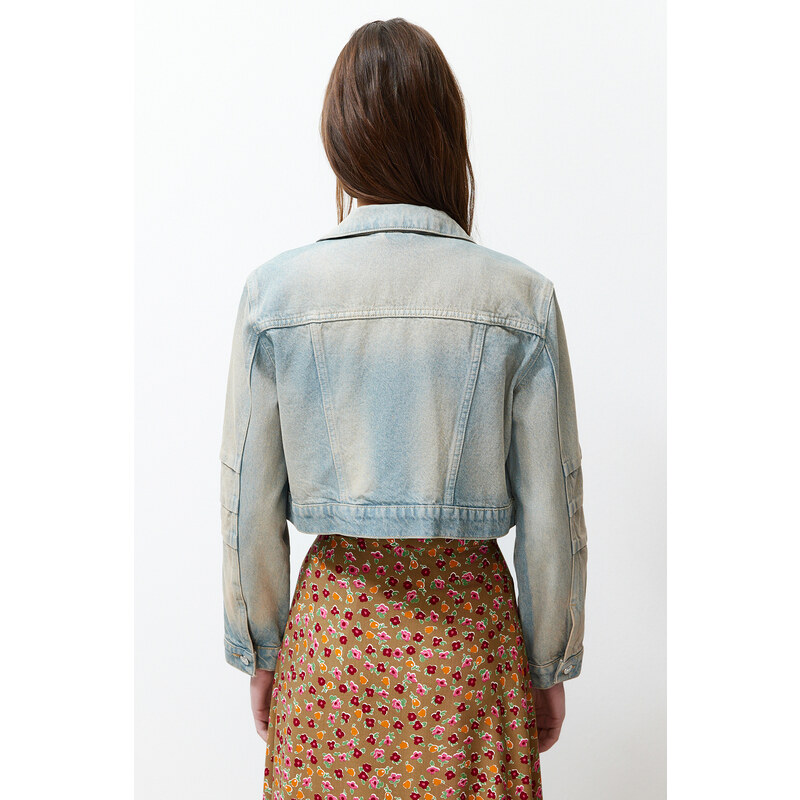 Trendyol Blue Faded Effect Vintage Oversize Crop Denim Jacket