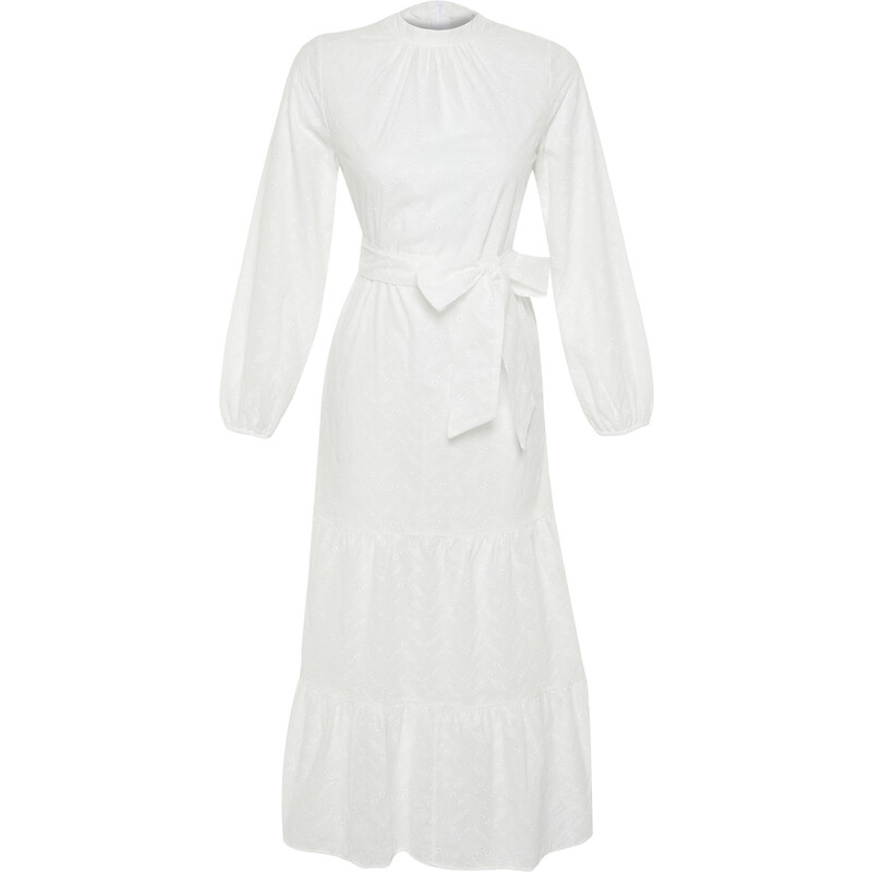 Trendyol White Stand Collar Embroidery Lace Lined Woven Dress