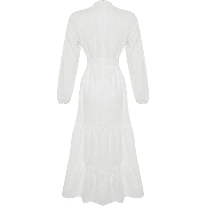 Trendyol White Stand Collar Embroidery Lace Lined Woven Dress