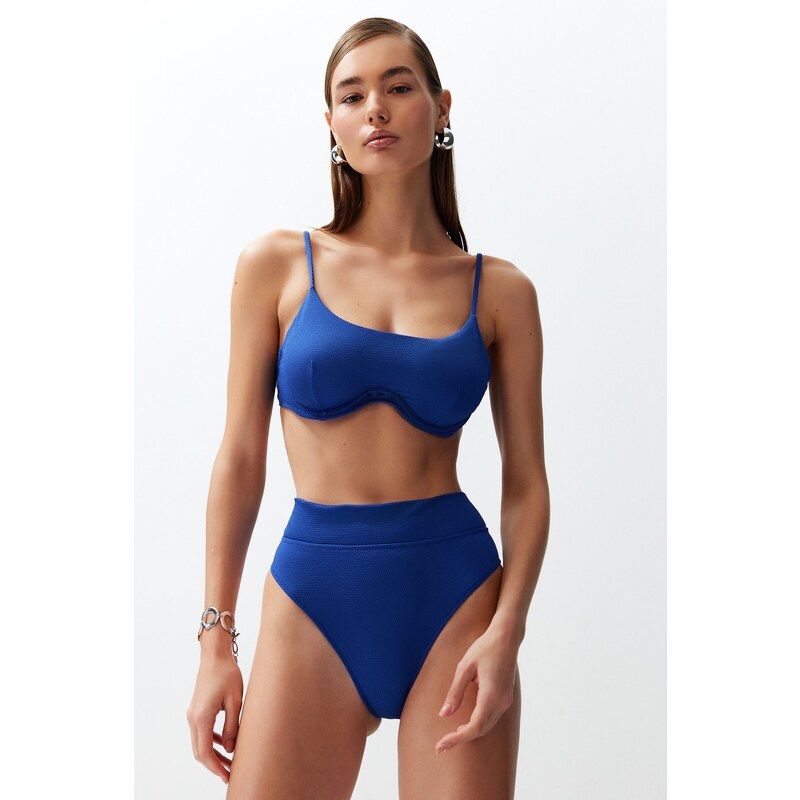 Trendyol Saxe Blue Textured High Waist High Leg Hipster Bikini Bottoms