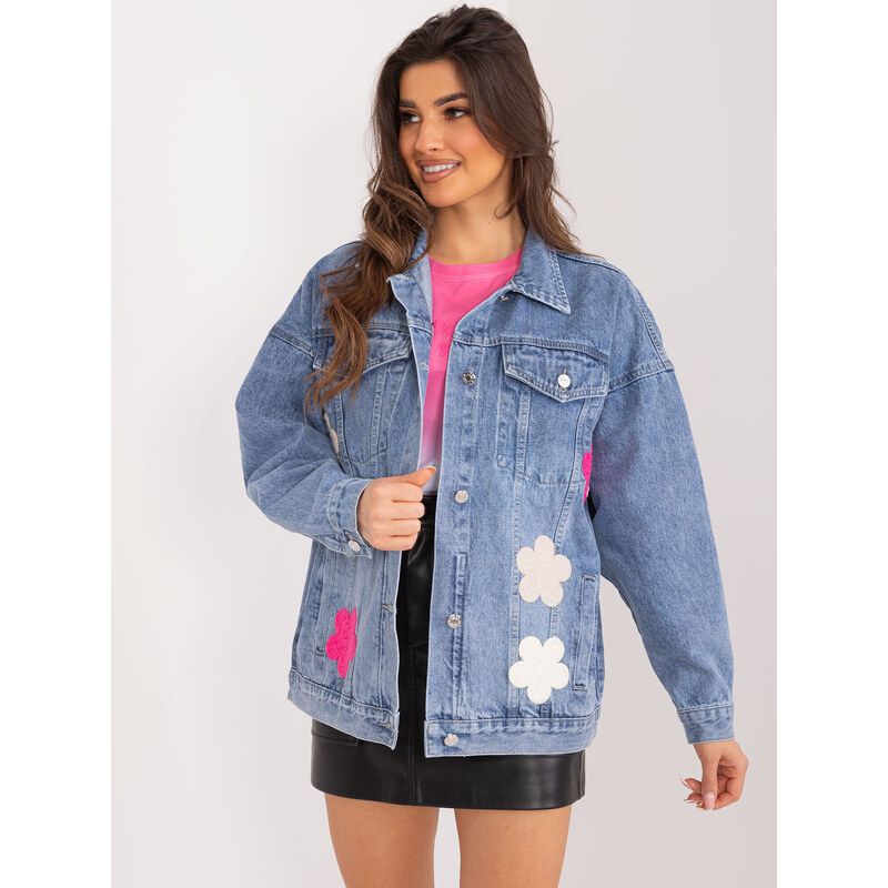 Fashionhunters Modrá dámská džínová bunda s květinami