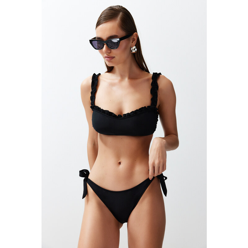 Trendyol Black Bralette Frilly Textured Regular Bikini Set