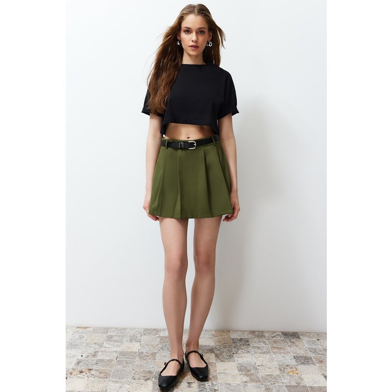 Trendyol Khaki Belted Pleated Woven Shorts Skirt