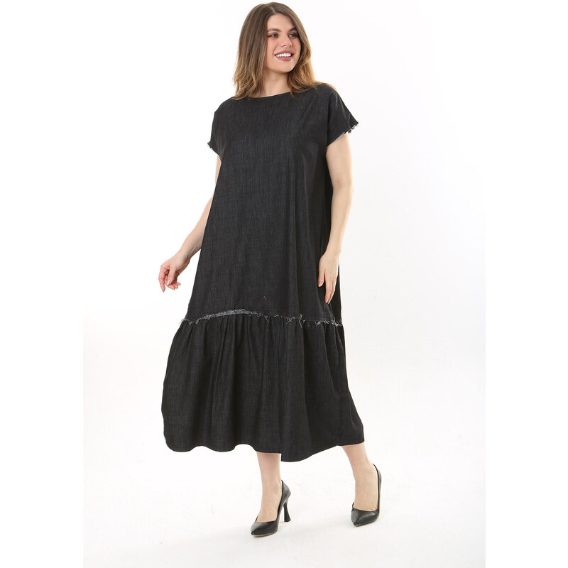 Şans Women's Plus Size Anthracite Dirty Stitched Dress