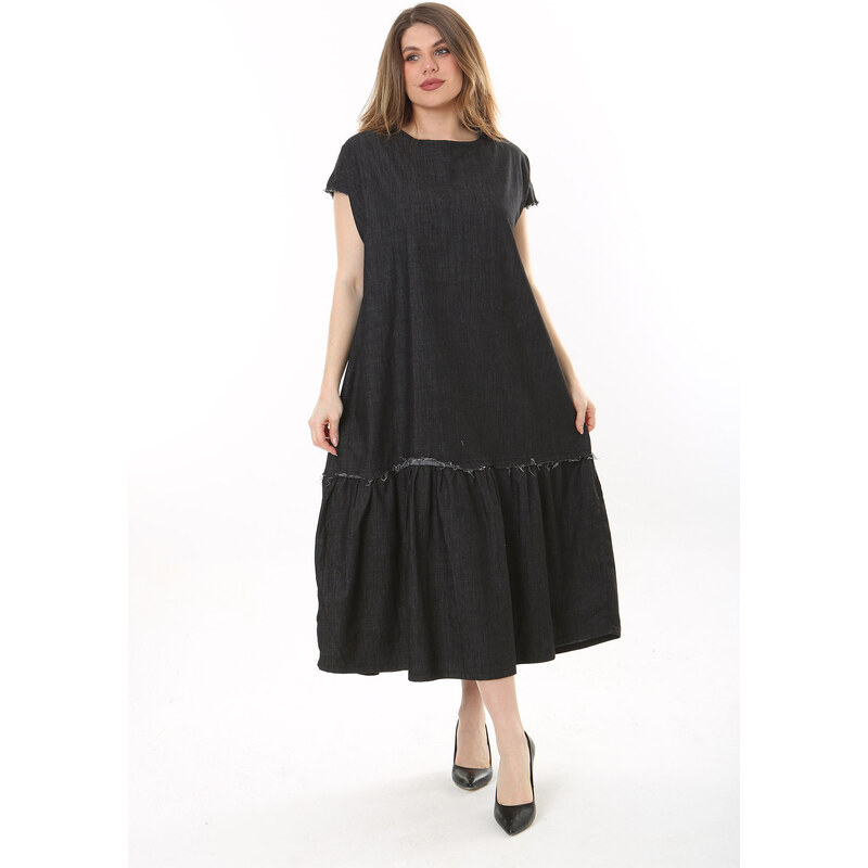 Şans Women's Plus Size Anthracite Dirty Stitched Dress