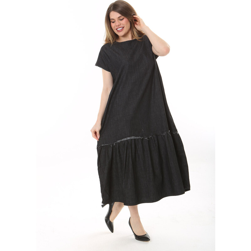 Şans Women's Plus Size Anthracite Dirty Stitched Dress