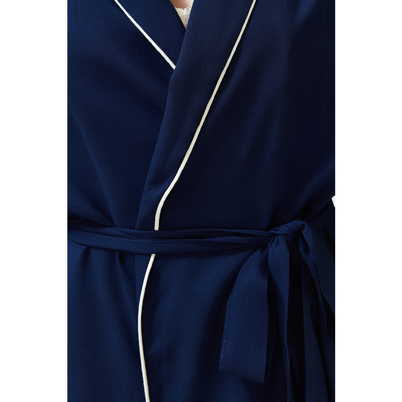 Trendyol Navy Blue Belted Piping Detailed Viscose Woven Dressing Gown