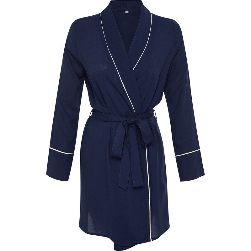 Trendyol Navy Blue Belted Piping Detailed Viscose Woven Dressing Gown