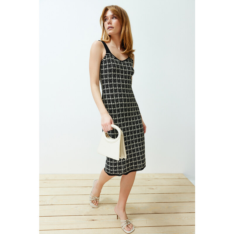 Trendyol Black Midi Knitwear Strap Plaid/Checked Dress