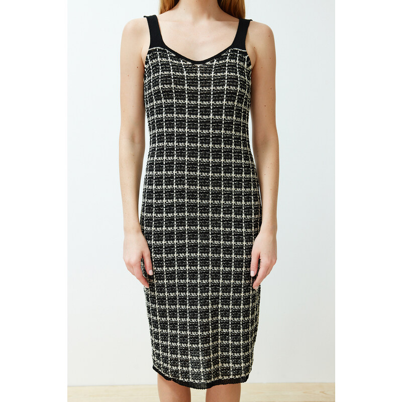 Trendyol Black Midi Knitwear Strap Plaid/Checked Dress