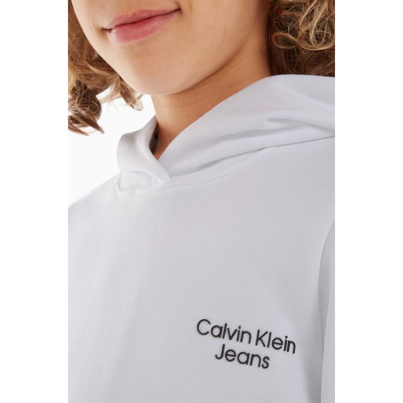 Dětská mikina Calvin Klein Jeans bílá barva, s kapucí, s potiskem