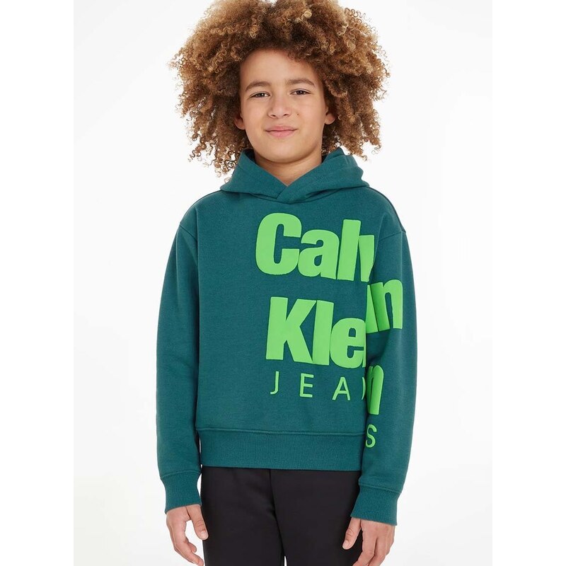 Dětská mikina Calvin Klein Jeans zelená barva, s kapucí, s potiskem