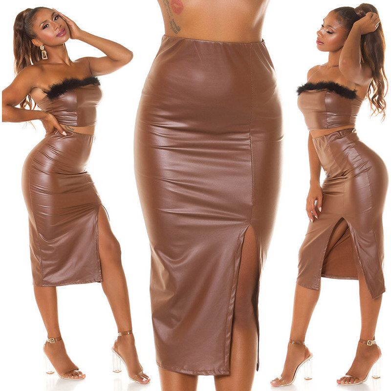 Style fashion Sexy midi sukně s vysokým pasem z umělé kůže