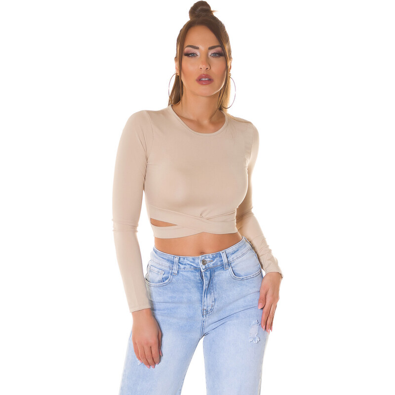 Style fashion Sexy top Koucla Crop Top s výřezy a dlouhými rukávy